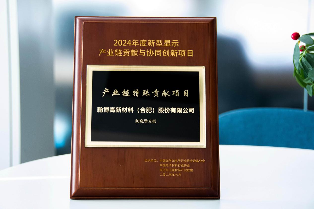 翰博高新榮膺2024年度新型顯示產(chǎn)業(yè)鏈“特殊貢獻(xiàn)項(xiàng)目”大獎(jiǎng)|創(chuàng)新防窺導(dǎo)光板技術(shù)獲權(quán)威認(rèn)可